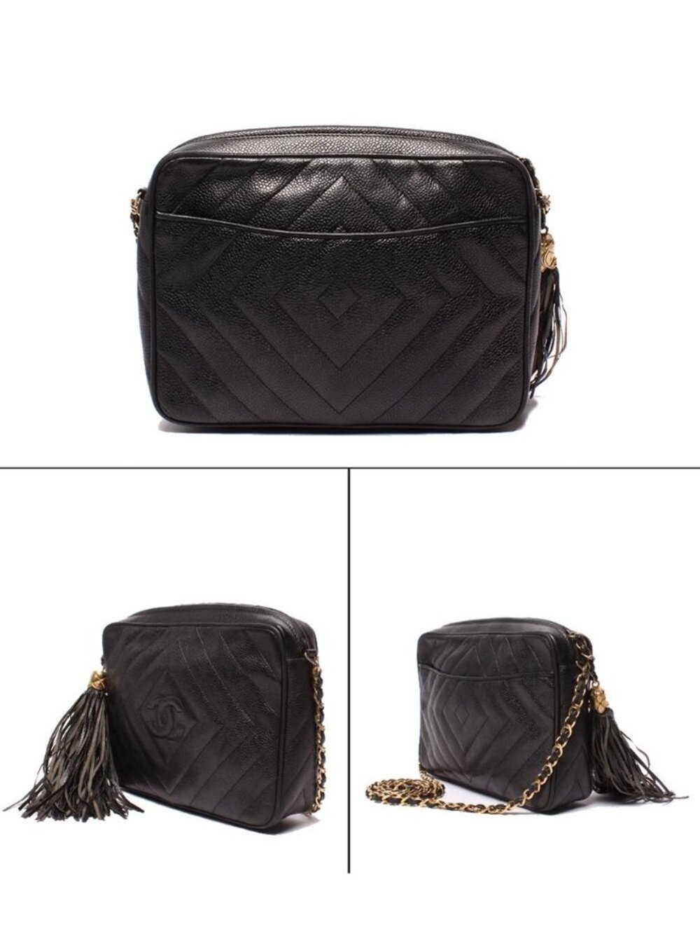 Chanel Chain Shoulder Bag CC Logo with Tassel Chez Blanc Stitching Gold Caviar - Picture 2 of 10
